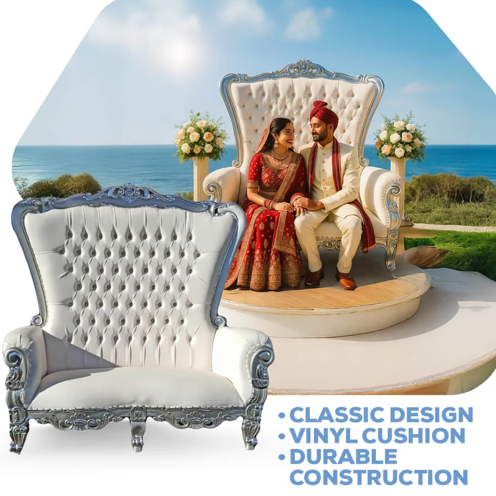 Queen Bride and Groom Throne Loveseat - White & Silver