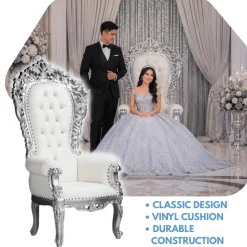 Queenship Throne Chair - White Vinyl/Silver Frame