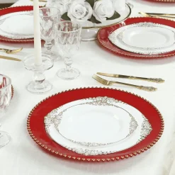 13" Red with Gold Beaded Rim Round Charger Plates – 10 Pieces Reusable Economy Plastic Chargers