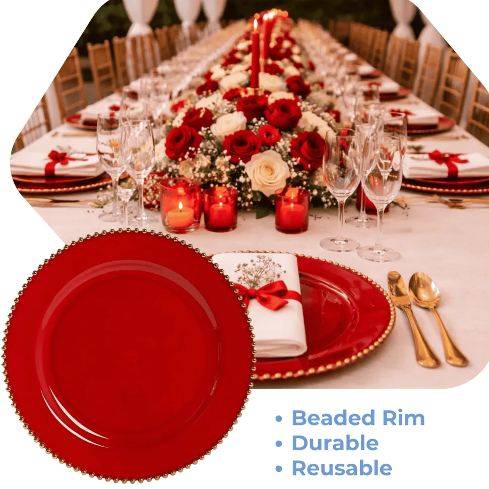 13" Red with Gold Beaded Rim Round Charger Plates – 10 Pieces Reusable Economy Plastic Chargers