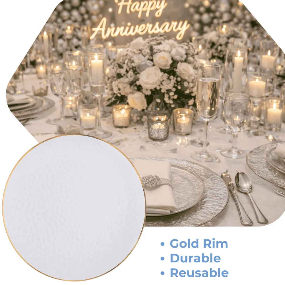 13" Round Clear Hammered Charger Plates with Gold Rim – 20 Pack Reusable Economy Plastic Decorative Chargers