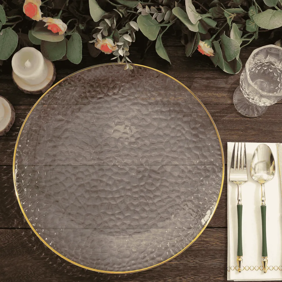 13" Round Clear Hammered Charger Plates with Gold Rim – 20 Pack Reusable Economy Plastic Decorative Chargers