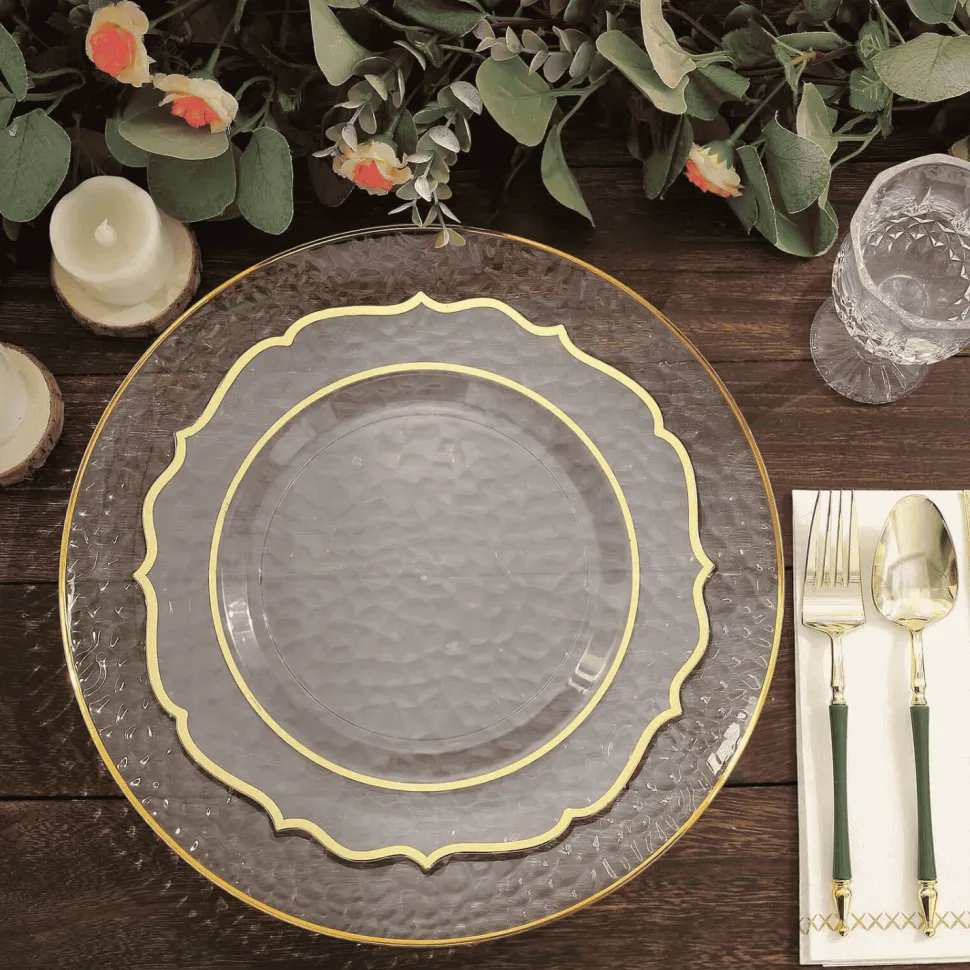 13" Round Clear Hammered Charger Plates with Gold Rim – 20 Pack Reusable Economy Plastic Decorative Chargers