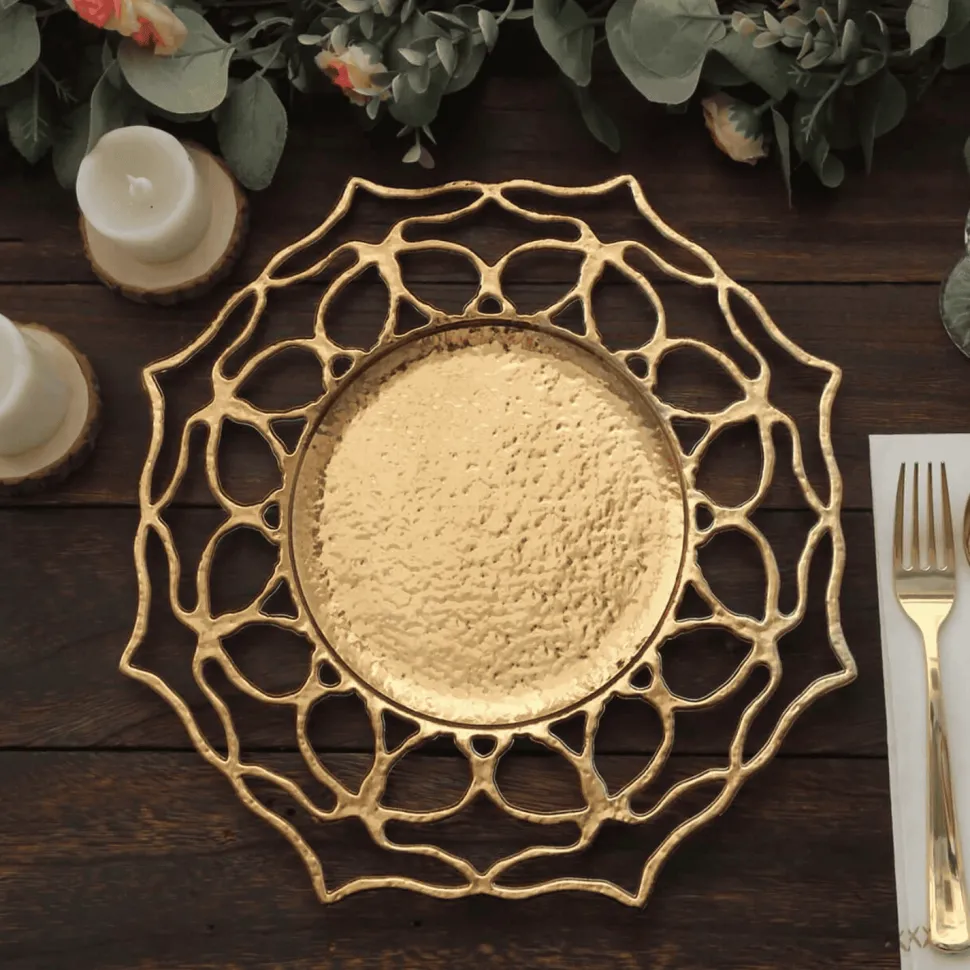 13" Round Gold Floral Cutout Charger Plates – 6 Pack Reusable Decorative Acrylic-Style Plastic Dinner Chargers
