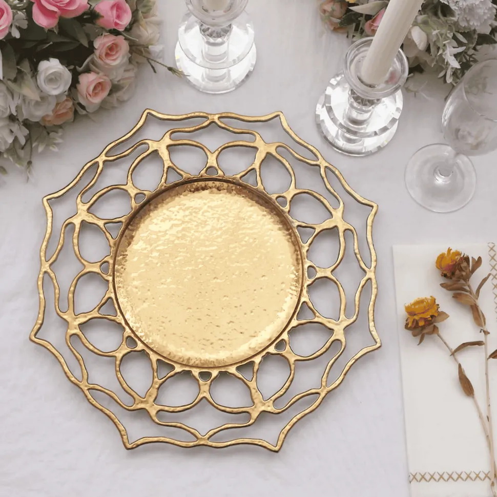 13" Round Gold Floral Cutout Charger Plates – 6 Pack Reusable Decorative Acrylic-Style Plastic Dinner Chargers