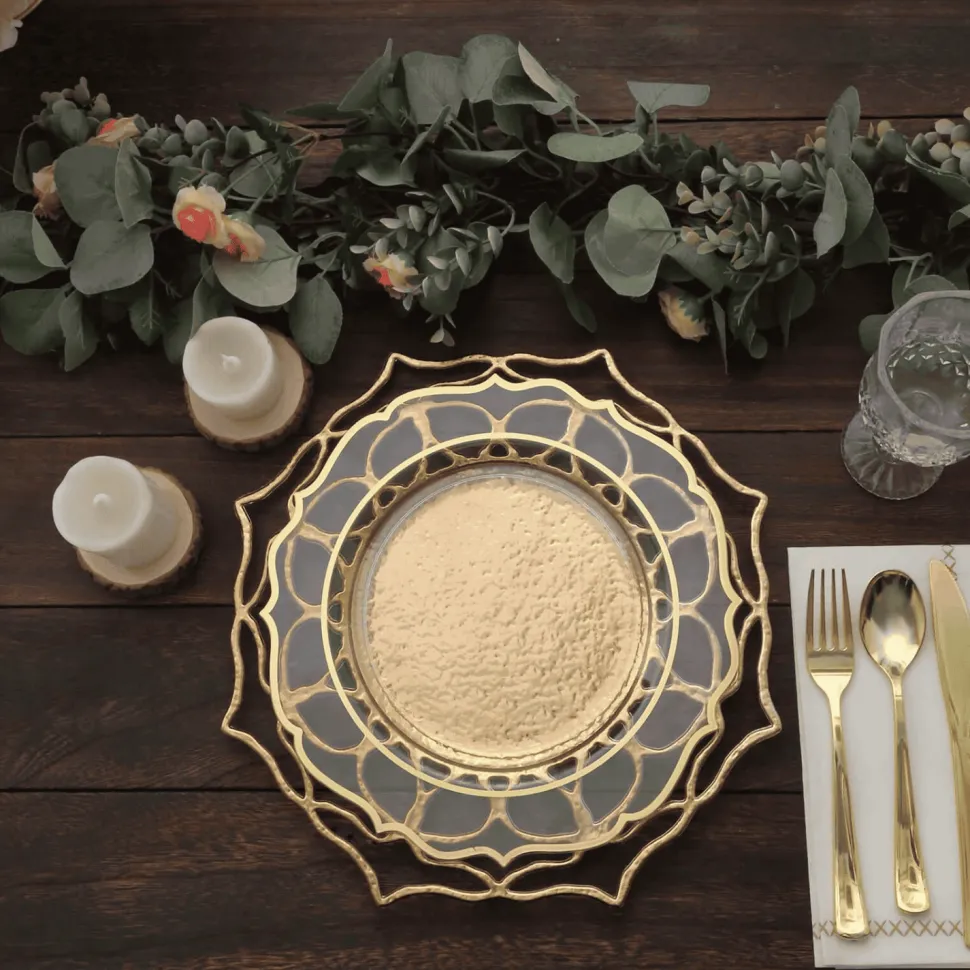 13" Round Gold Floral Cutout Charger Plates – 6 Pack Reusable Decorative Acrylic-Style Plastic Dinner Chargers