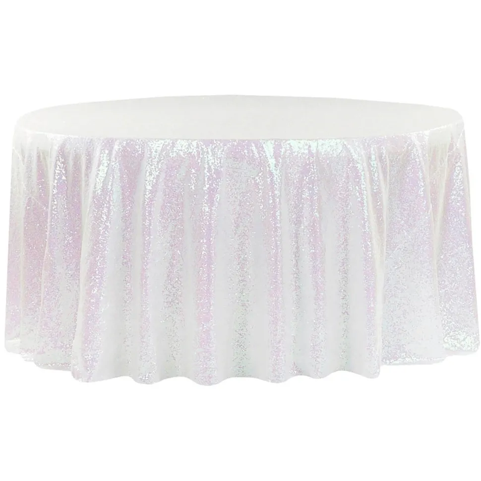 120" Round Sequin Tablecloth - Iridescent White