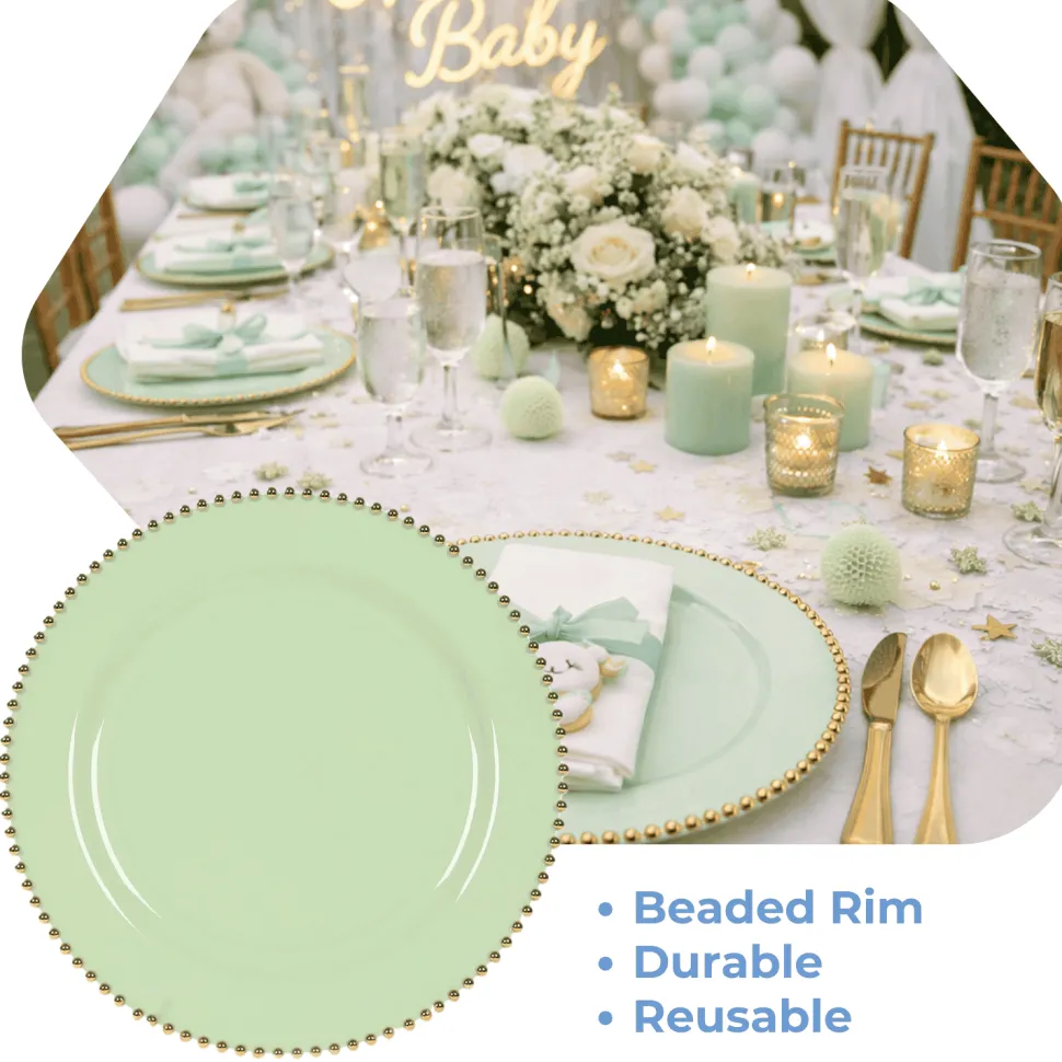 13" Sage Green with Gold Beaded Rim Round Charger Plates – 10 Pieces Reusable Economy Plastic Chargers
