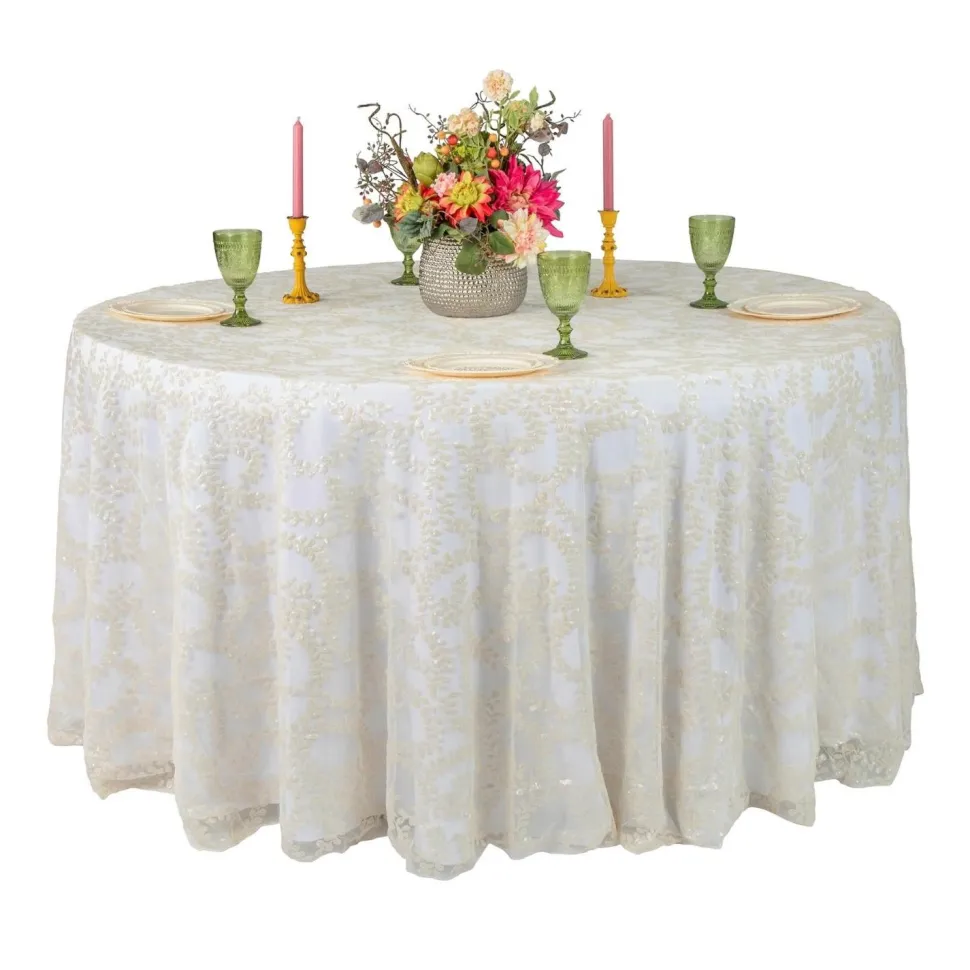 Sequin Looping Leaves Tablecloth Overlay 120" Round - Light Ivory/Off White