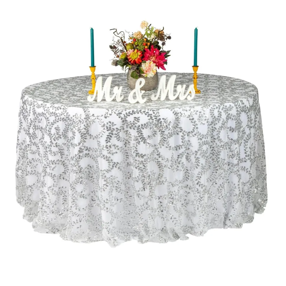 Sequin Looping Leaves Tablecloth Overlay 120" Round - Silver