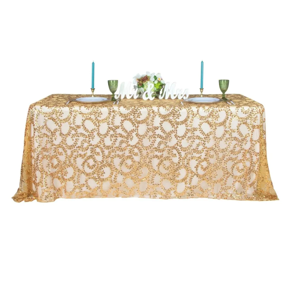 Sequin Looping Leaves Tablecloth Overlay 90"x132" Rectangle - Gold