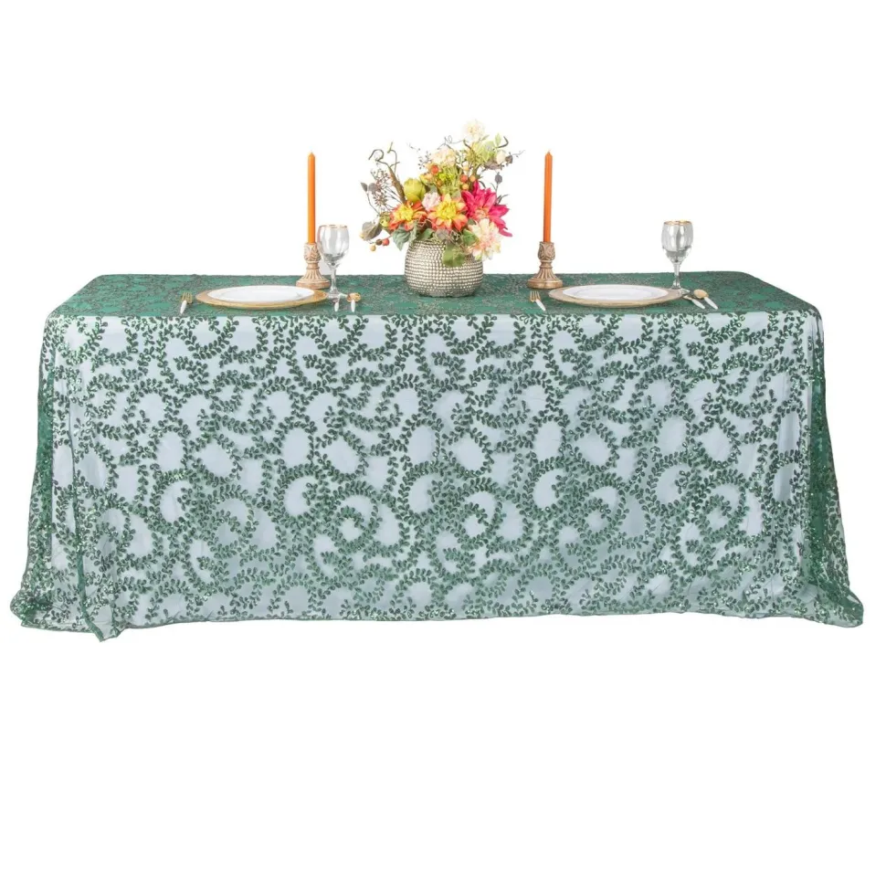 Sequin Looping Leaves Tablecloth Overlay 90"x156" Rectangle - Emerald Green