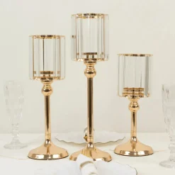 Set of 3 Crystal Pendant Hurricane Candle Holders with Glass Shades (Gold Finish)