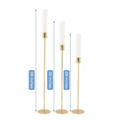 Set of 3 Gold Metal Taper Candle Holders with Hurricane Glass Shades (28in, 32in & 36in Height)
