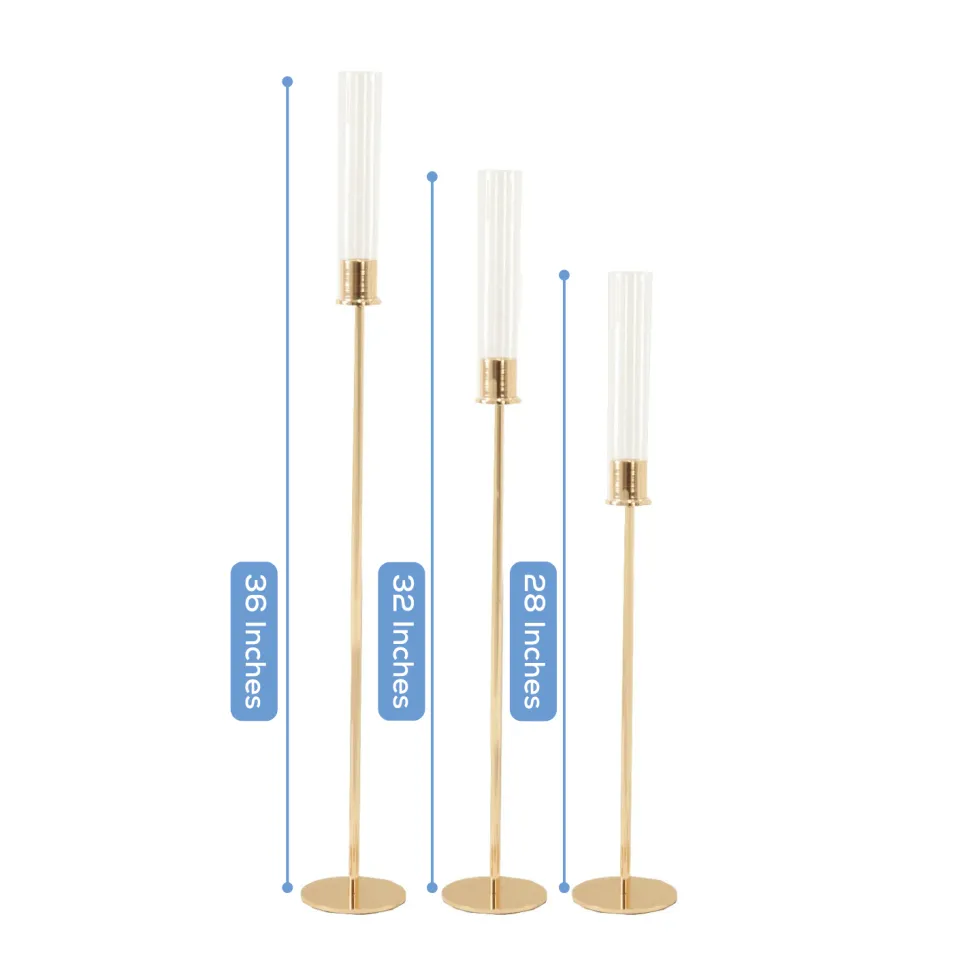 Set of 3 Gold Metal Taper Candle Holders with Hurricane Glass Shades (28in, 32in & 36in Height)