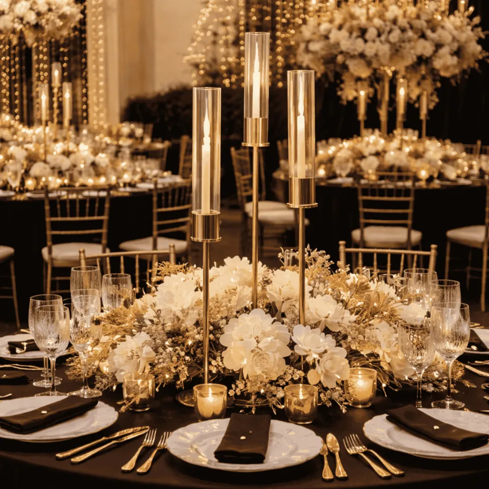 Set of 3 Gold Metal Taper Candle Holders with Hurricane Glass Shades (28in, 32in & 36in Height)