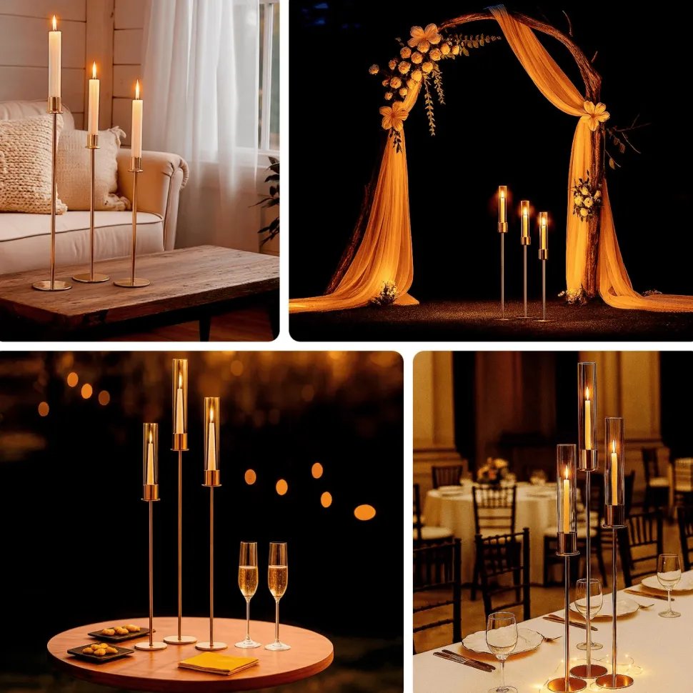 Set of 3 Gold Metal Taper Candle Holders with Hurricane Glass Shades (28in, 32in & 36in Height)