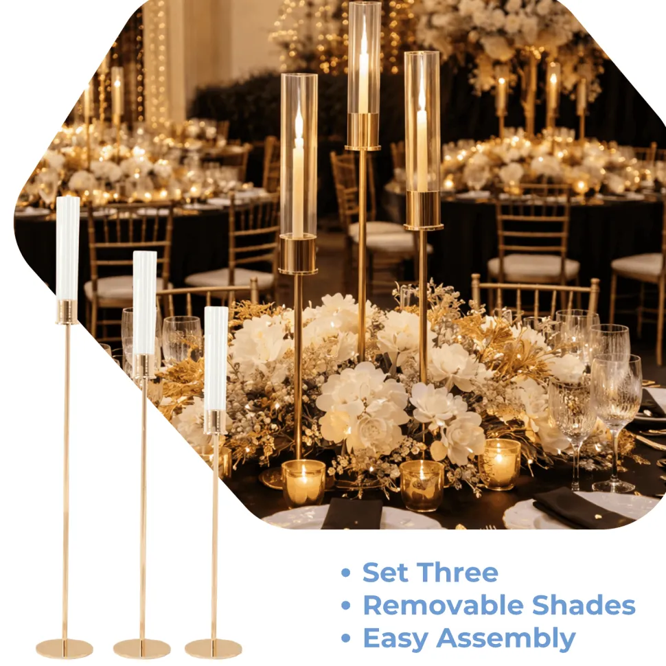 Set of 3 Gold Metal Taper Candle Holders with Hurricane Glass Shades (28in, 32in & 36in Height)
