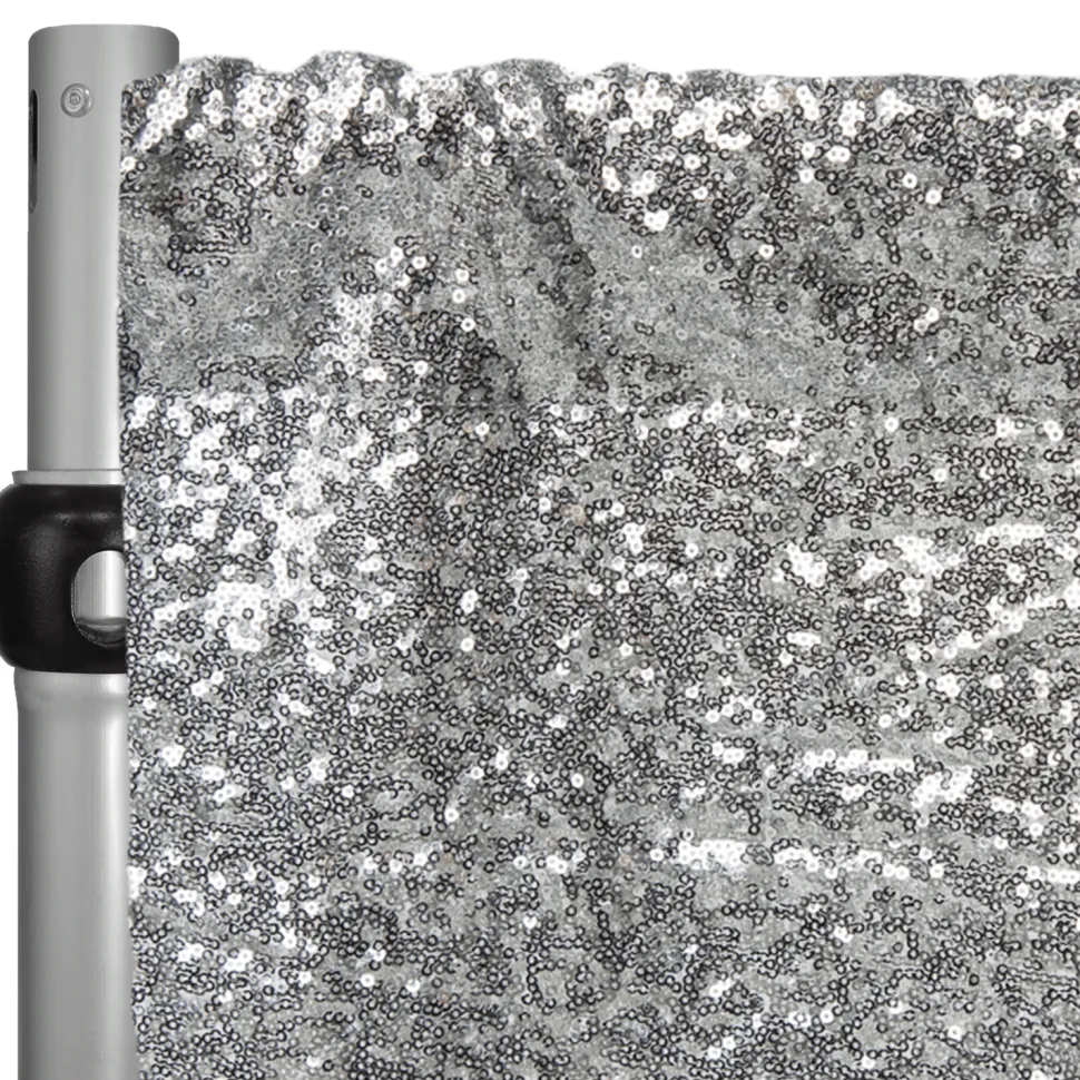 Silver Sequin Backdrop Curtain w/ 4" Rod Pocket by Eastern Mills - 12ft Long x 4.5ft Wide