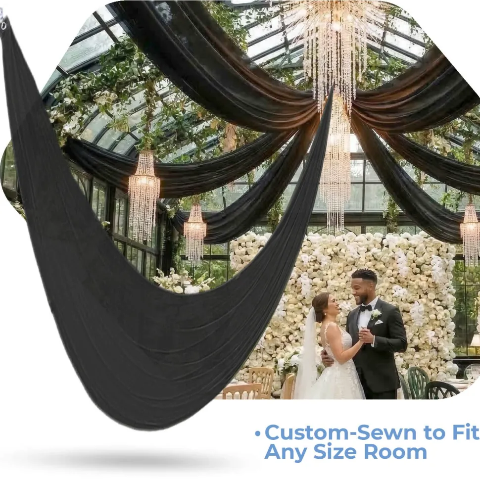 Single Piece - Black Taffeta Prefabricated Ceiling Drape Panel - Choose Length and Drop!