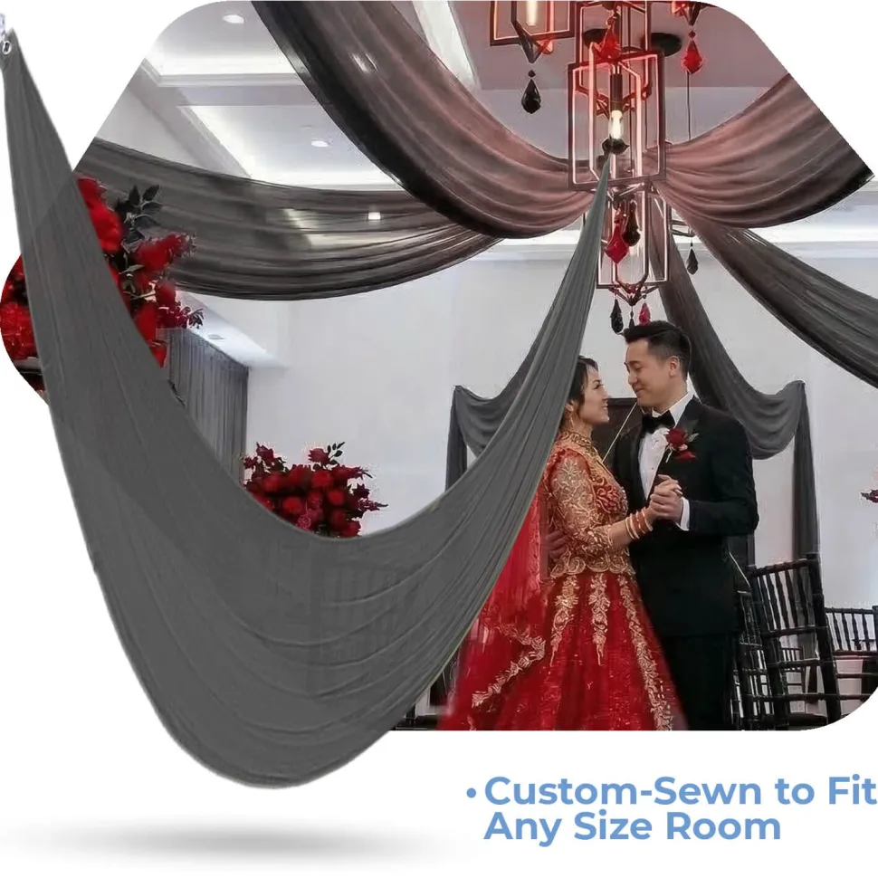 Single Piece - Charcoal Crushed Taffeta Prefabricated Ceiling Drape Panel - Choose Length and Drop!