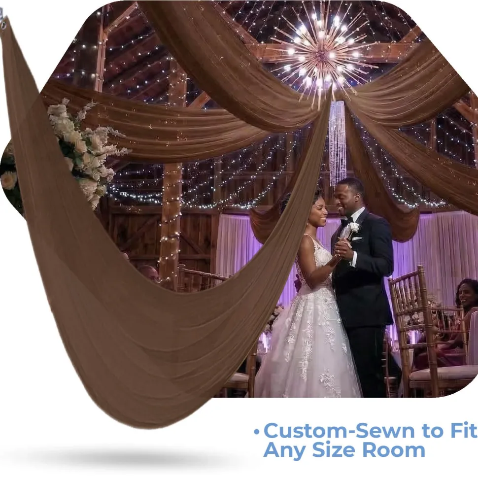 Single Piece -Dark Brown FR Sheer Prefabricated Ceiling Drape Panel - Choose Length and Drop!