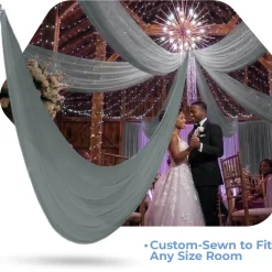 Single Piece -Grey Blue FR Sheer Prefabricated Ceiling Drape Panel - Choose Length and Drop!