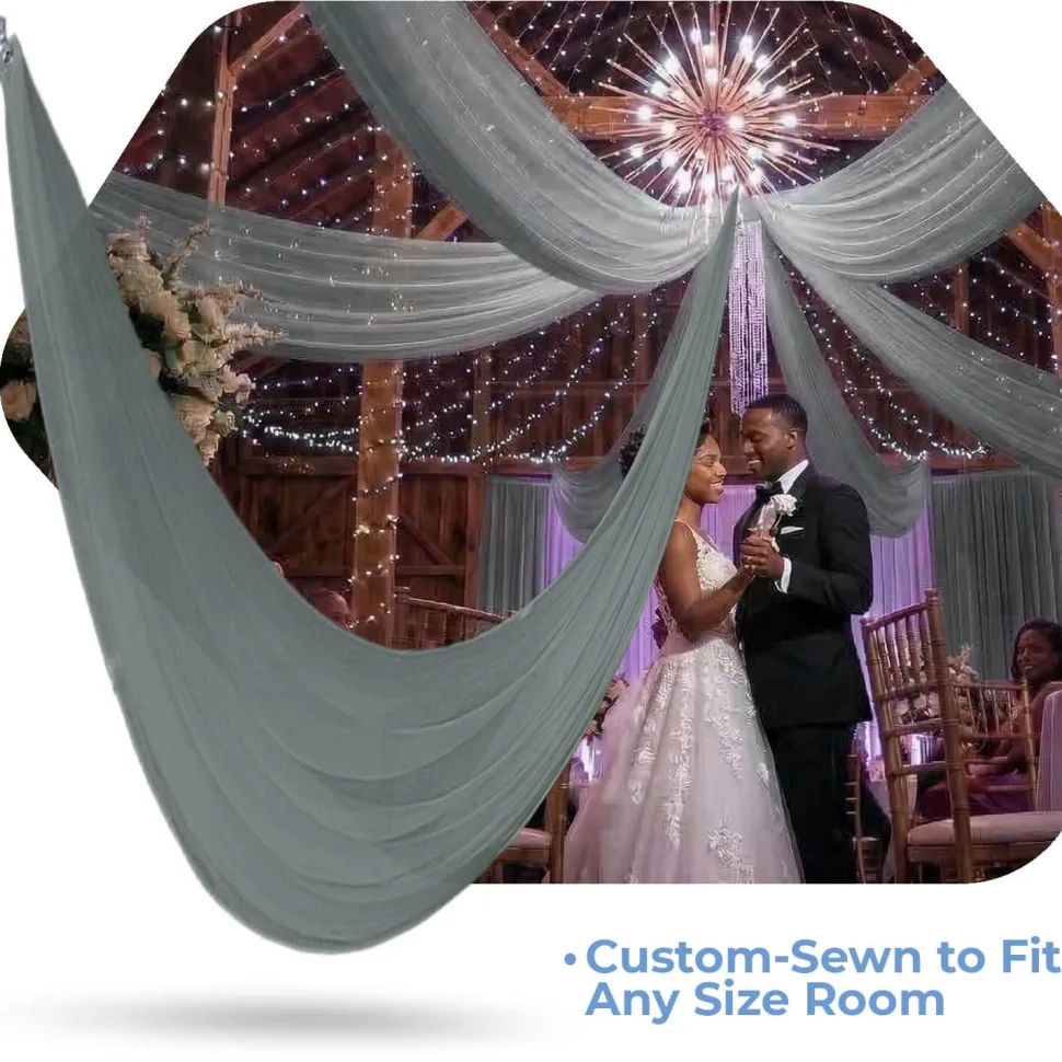 Single Piece -Grey Blue FR Sheer Prefabricated Ceiling Drape Panel - Choose Length and Drop!