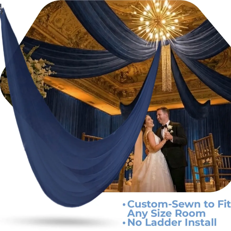 Single Piece - Navy Blue Sheer Prefabricated Ceiling Drape Panel - Choose Length and Drop!
