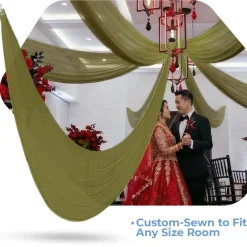 Single Piece - Olive Crushed Taffeta Prefabricated Ceiling Drape Panel - Choose Length and Drop!
