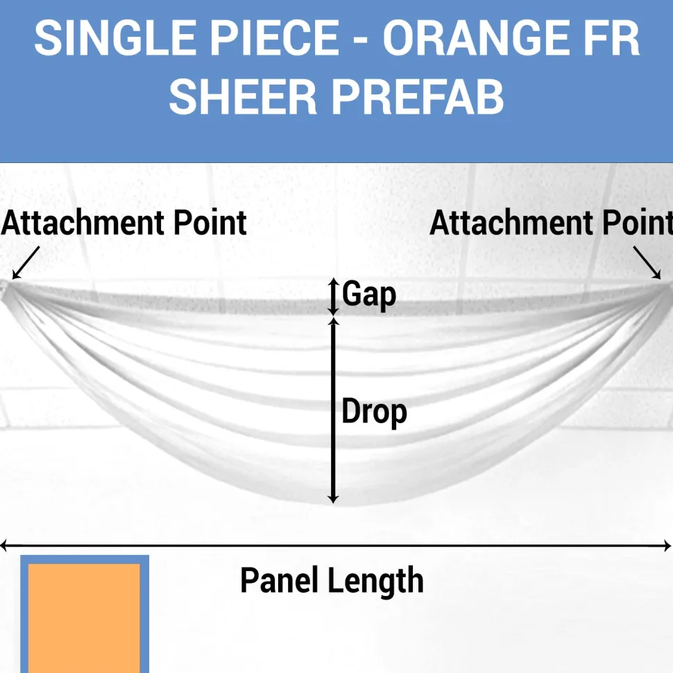 Single Piece -Orange FR Sheer Prefabricated Ceiling Drape Panel - Choose Length and Drop!