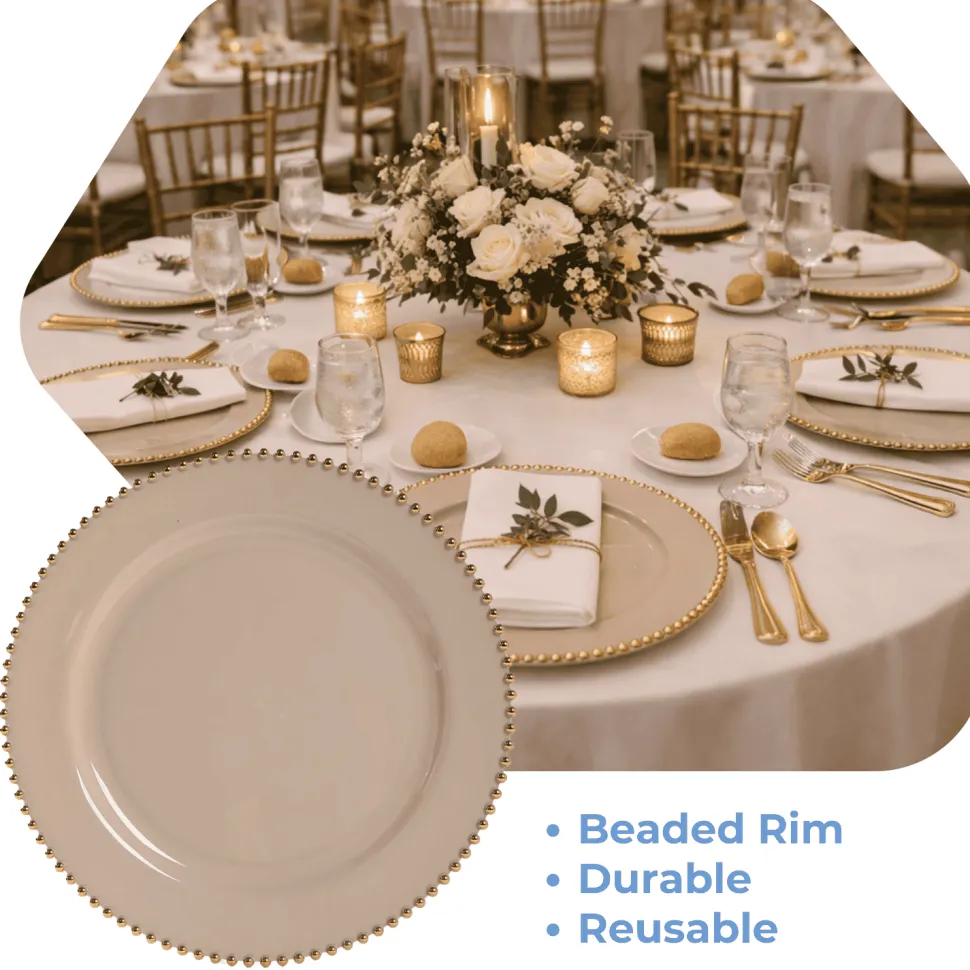 13" Taupe with Gold Beaded Rim Round Charger Plates – 10 Pieces Reusable Economy Plastic Chargers