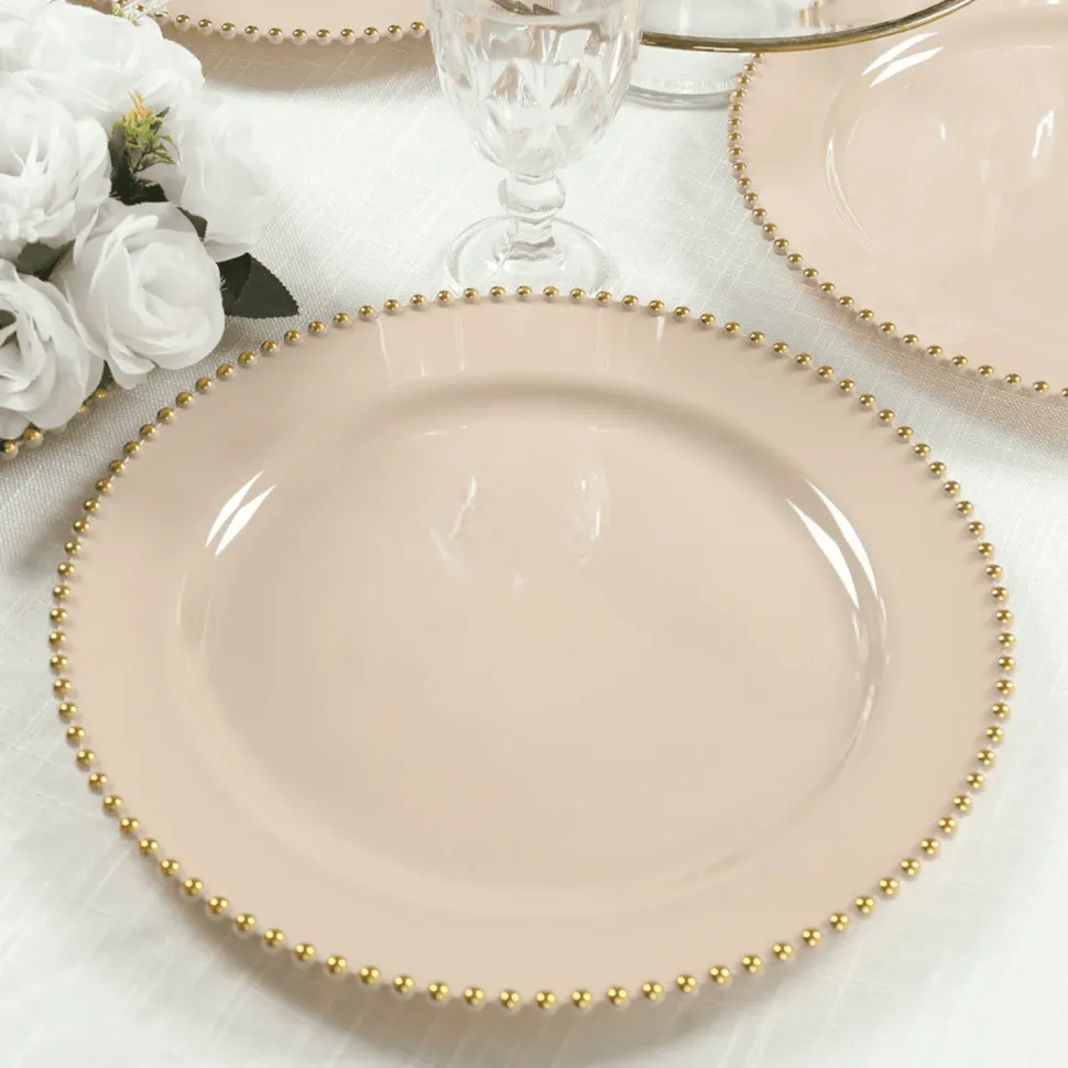 13" Taupe with Gold Beaded Rim Round Charger Plates – 10 Pieces Reusable Economy Plastic Chargers