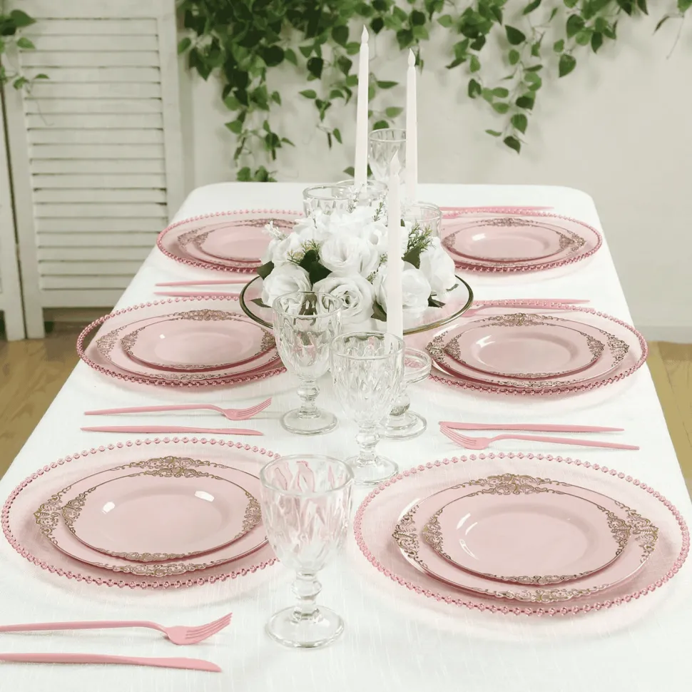 13" Transparent Blush Round Beaded Rim Charger Plates – 10 Pieces Reusable Economy Plastic Chargers