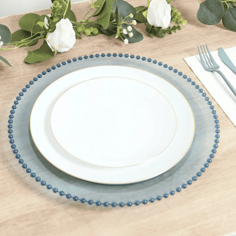 13" Transparent Dusty Blue Round Beaded Rim Charger Plates – 10 Pieces Reusable Economy Plastic Chargers