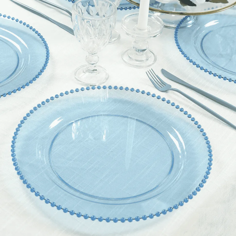 13" Transparent Dusty Blue Round Beaded Rim Charger Plates – 10 Pieces Reusable Economy Plastic Chargers