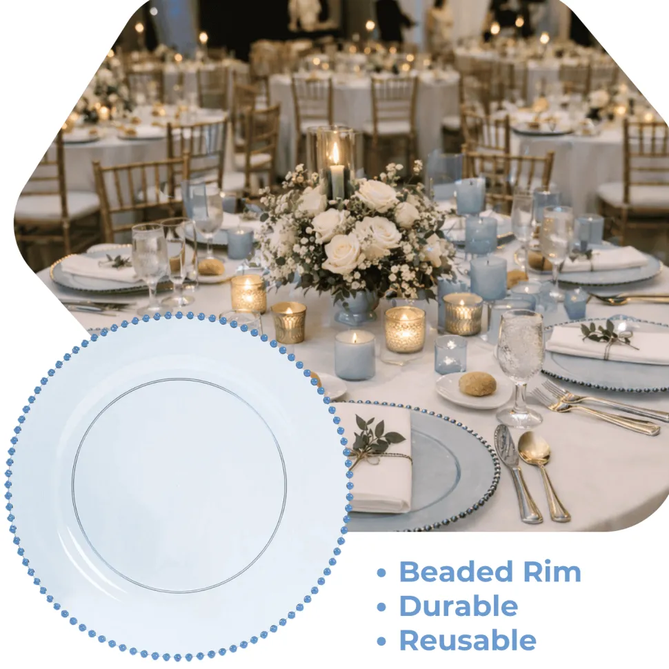 13" Transparent Dusty Blue Round Beaded Rim Charger Plates – 10 Pieces Reusable Economy Plastic Chargers
