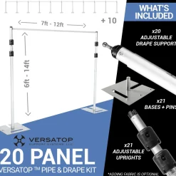 Versatop™ 2.0® - DELUXE-20 Panel Pipe and Drape Kit / Backdrop - 6-14 Feet Tall (Adjustable) Comes W/ 3 Piece Uprights for Maximum Height Adjustment