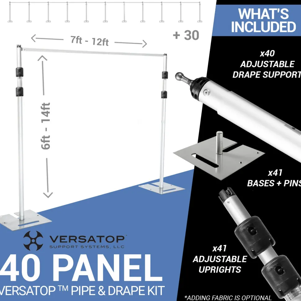 Versatop™ 2.0® - DELUXE-40 Panel Pipe and Drape Kit / Backdrop - 6-14 Feet Tall (Adjustable) Comes W/ 3 Piece Uprights for Maximum Height Adjustment