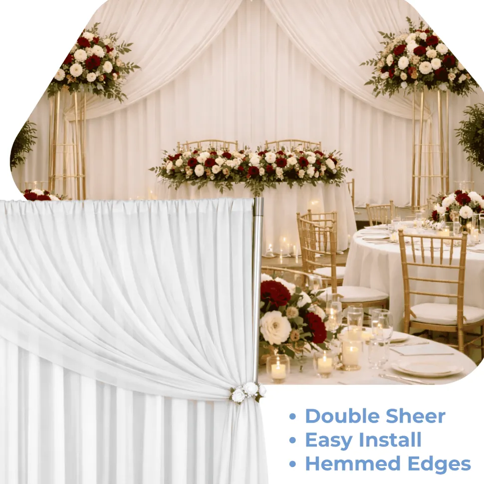White Double Sheer Backdrop Drape – 10ft Height x 10ft Wide Chiffon & Polyester Dual Layer Event Divider Curtain with Rod Pockets