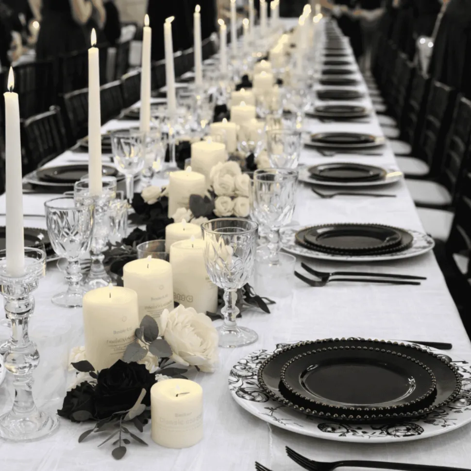 13" White with Black Floral Print Round French Toile Charger Plates – 6 Pieces Reusable Acrylic Chargers