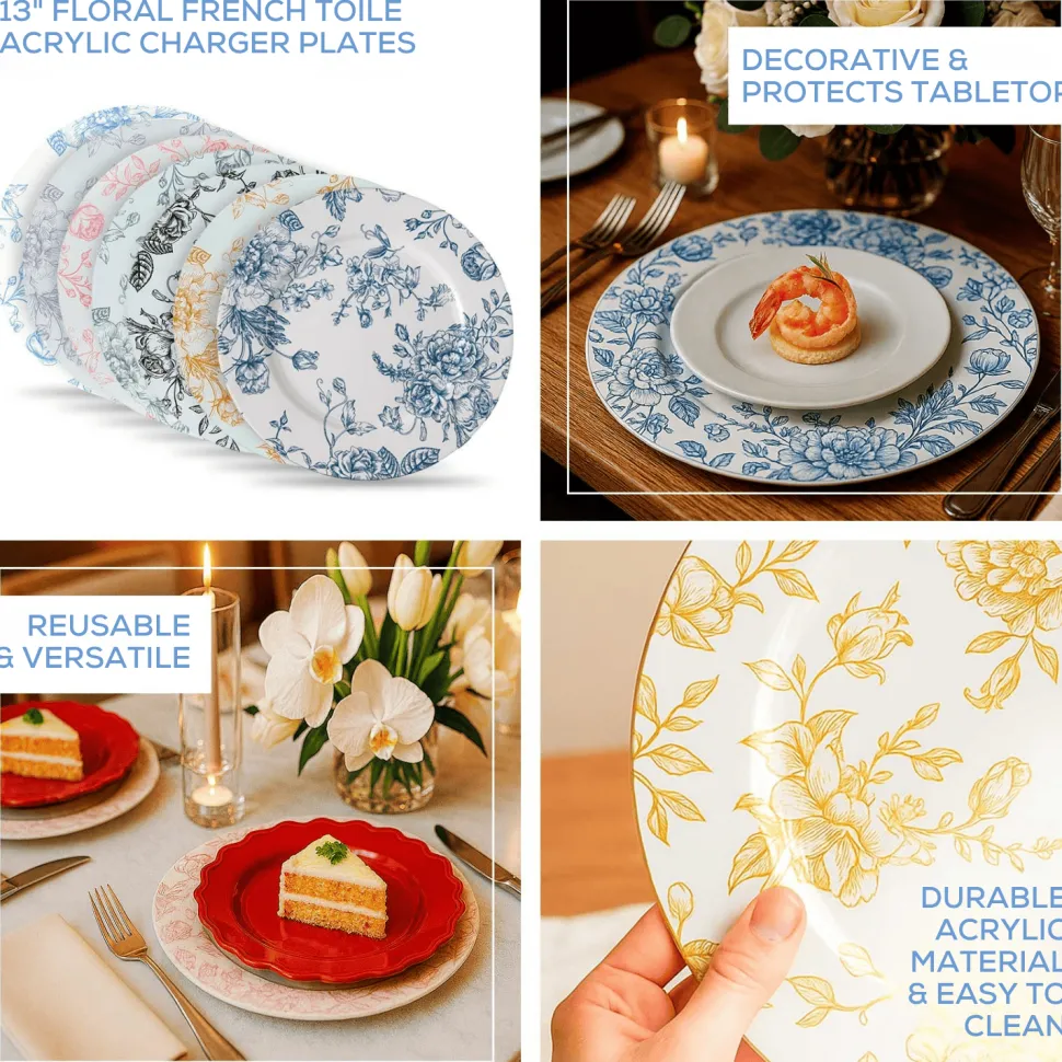 13" White with Black Floral Print Round French Toile Charger Plates – 6 Pieces Reusable Acrylic Chargers