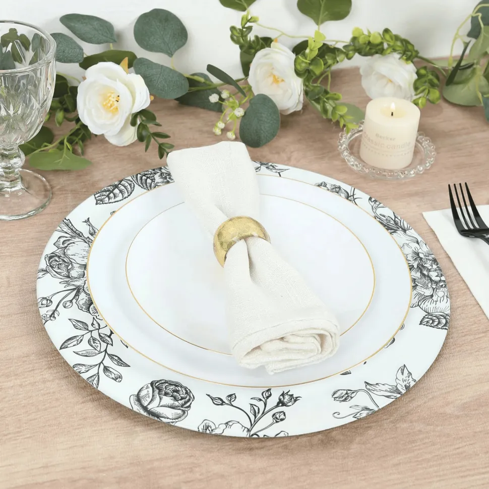 13" White with Black Floral Print Round French Toile Charger Plates – 6 Pieces Reusable Acrylic Chargers