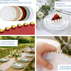 13" White with Gold Beaded Rim Round Charger Plates – 10 Pieces Reusable Economy Plastic Chargers