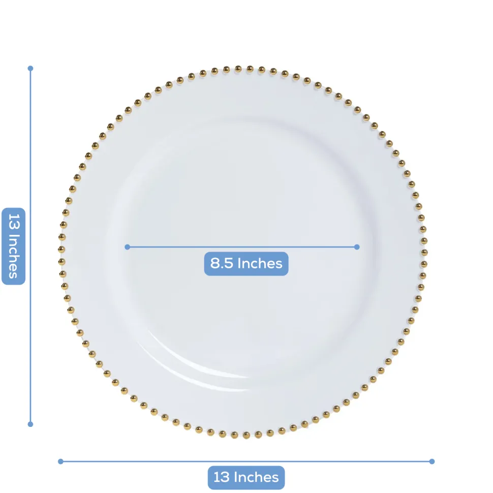 13" White with Gold Beaded Rim Round Charger Plates – 10 Pieces Reusable Economy Plastic Chargers