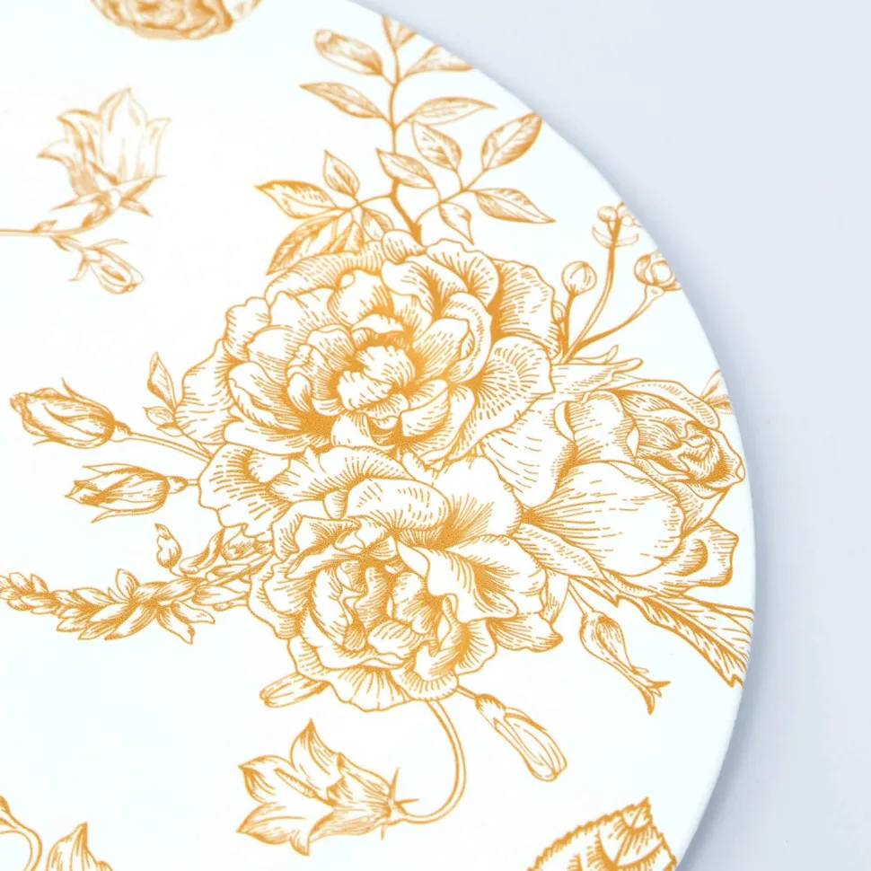 13" White with Gold Floral Print Round French Toile Charger Plates – 6 Pieces Reusable Acrylic Chargers