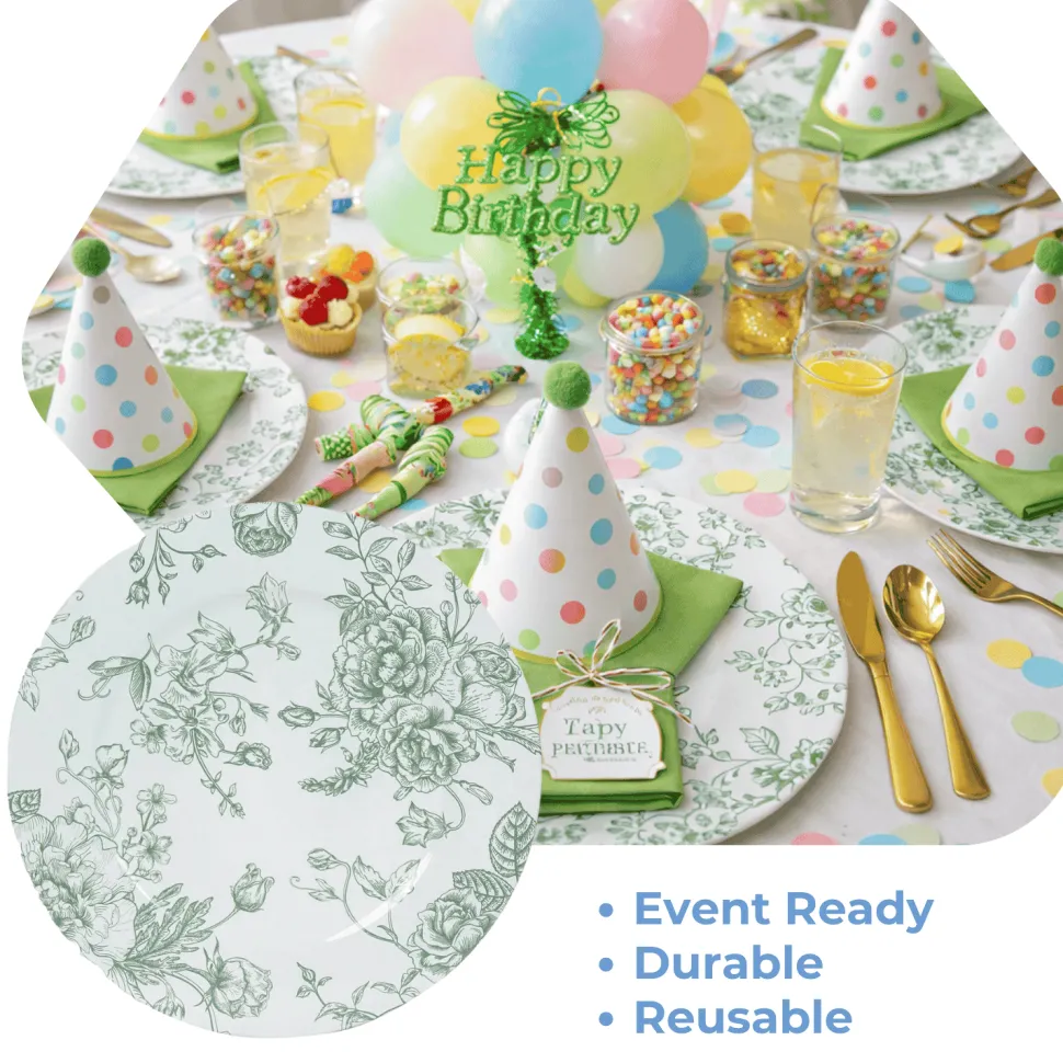 13" White with Sage Green Floral Print Round French Toile Charger Plates – 6 Pieces Reusable Acrylic Chargers